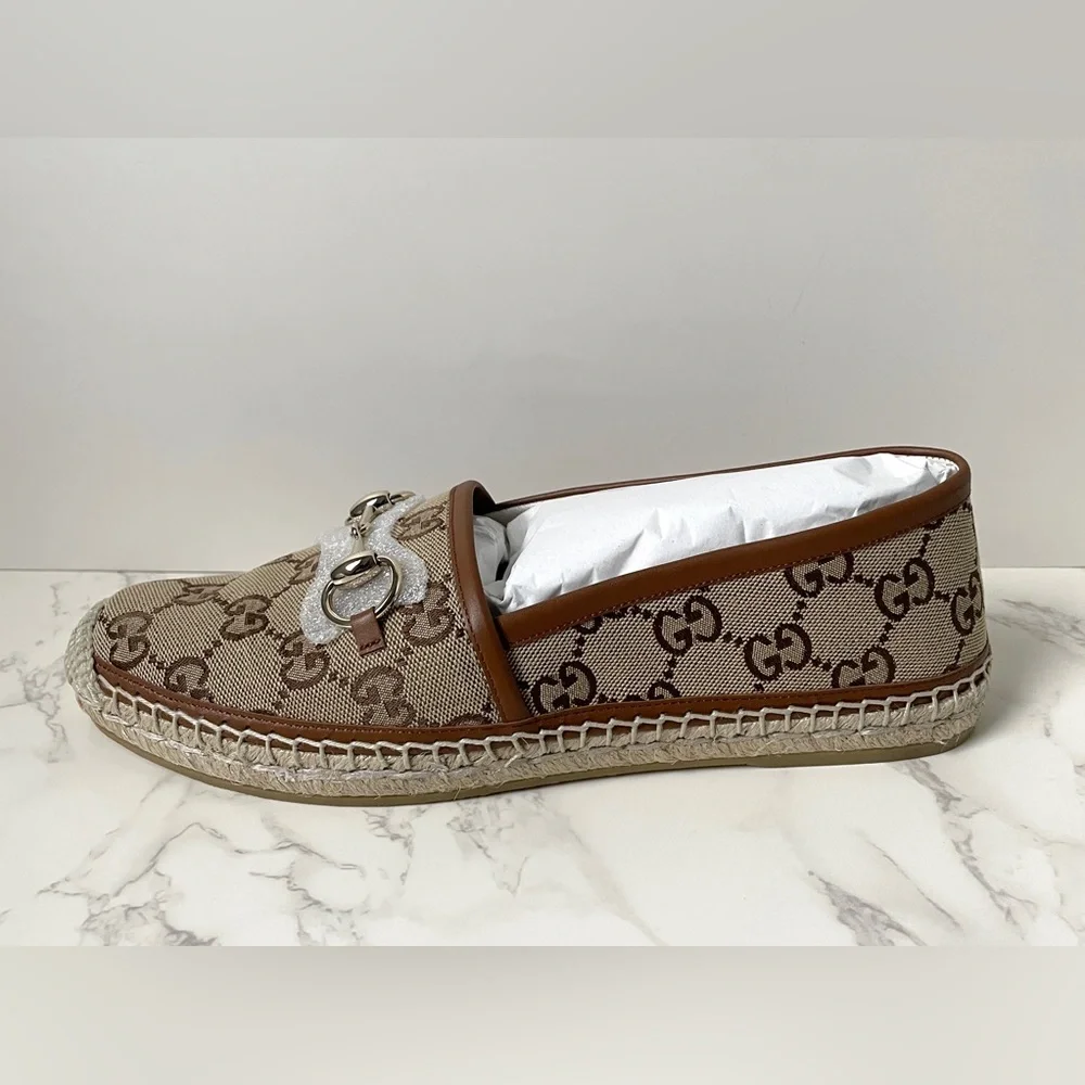 New Gucci Womens Espadrilles Brown Camel GG Canvas Size 38